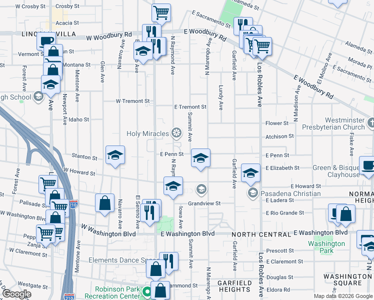 map of restaurants, bars, coffee shops, grocery stores, and more near 1680 Summit Avenue in Pasadena