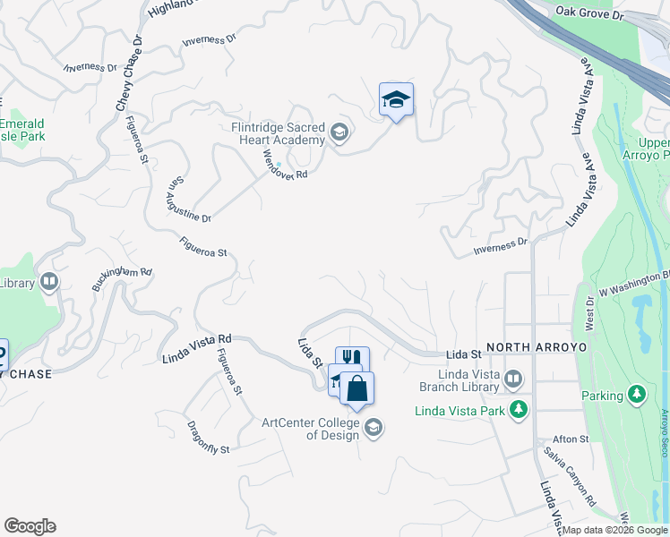 map of restaurants, bars, coffee shops, grocery stores, and more near 1700 Knollwood Drive in Pasadena
