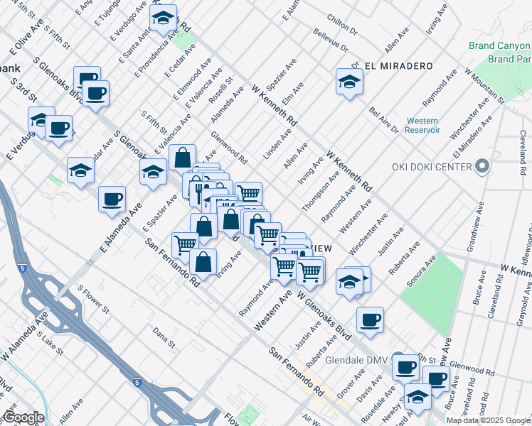 map of restaurants, bars, coffee shops, grocery stores, and more near 1141 Irving Avenue in Glendale