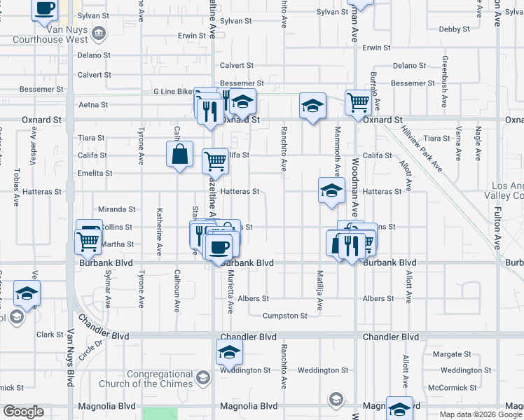 map of restaurants, bars, coffee shops, grocery stores, and more near 5717 Colbath Avenue in Los Angeles