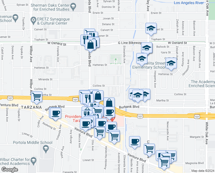 map of restaurants, bars, coffee shops, grocery stores, and more near 18366 Collins Street in Los Angeles