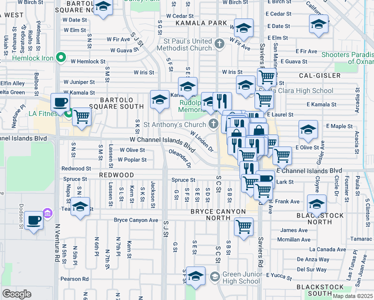 map of restaurants, bars, coffee shops, grocery stores, and more near 645 Oleander Drive in Oxnard