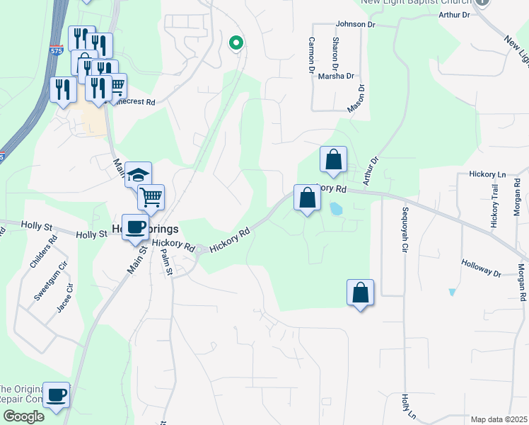 map of restaurants, bars, coffee shops, grocery stores, and more near 557 Hickory Road in Canton