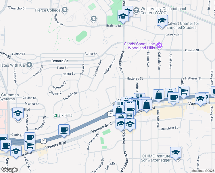 map of restaurants, bars, coffee shops, grocery stores, and more near 5720 Comanche Avenue in Los Angeles