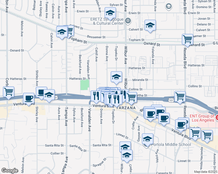 map of restaurants, bars, coffee shops, grocery stores, and more near 5702 Donna Avenue in Los Angeles