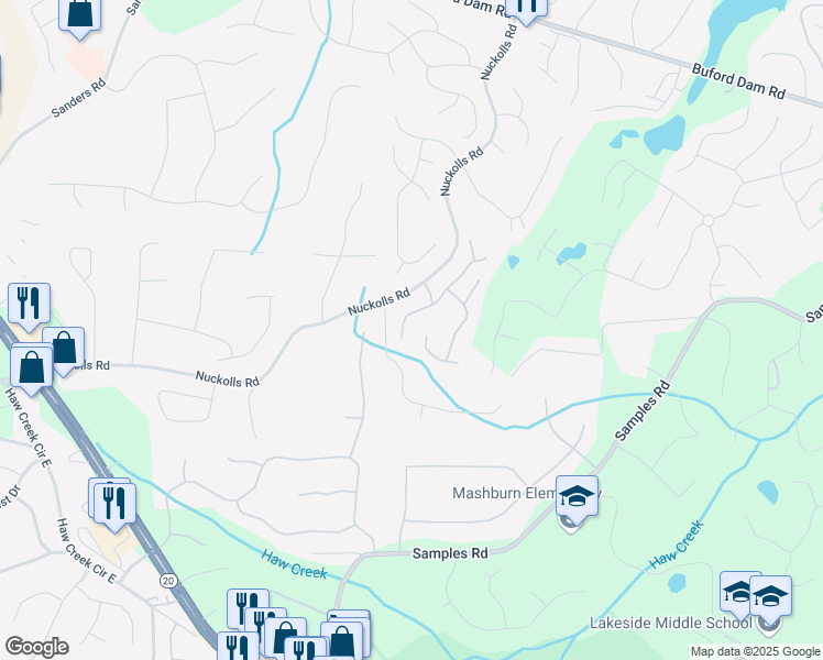 map of restaurants, bars, coffee shops, grocery stores, and more near 3102 Habersham Hills Road in Cumming