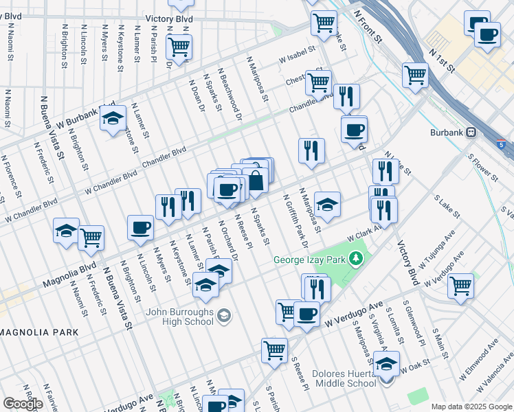 map of restaurants, bars, coffee shops, grocery stores, and more near 425 North Beachwood Drive in Burbank
