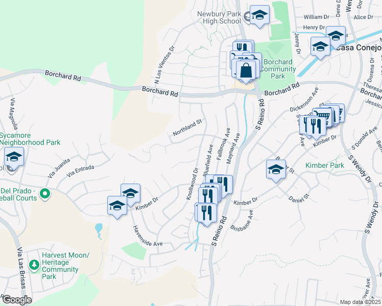 map of restaurants, bars, coffee shops, grocery stores, and more near 3916 Buckthorn Court in Thousand Oaks
