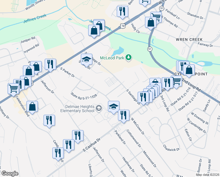 map of restaurants, bars, coffee shops, grocery stores, and more near 2627 State Road S-21-535 in Florence