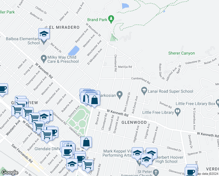 map of restaurants, bars, coffee shops, grocery stores, and more near 1617 Cleveland Road in Glendale