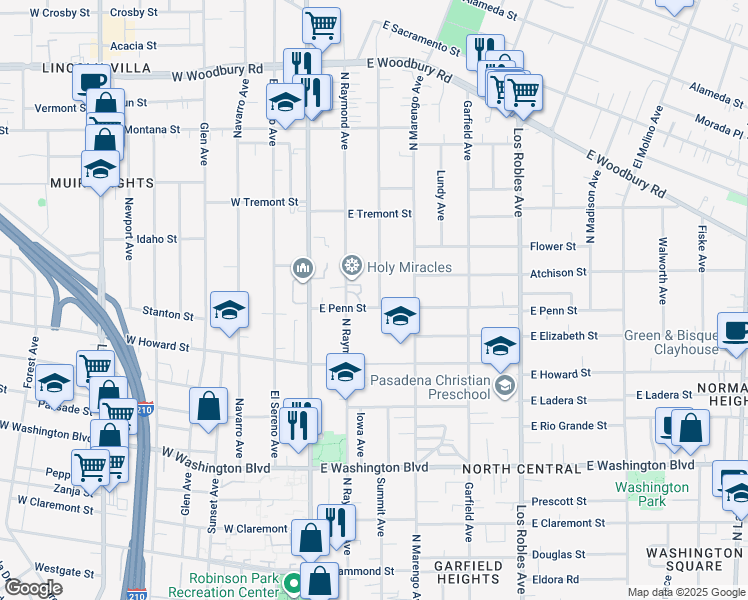 map of restaurants, bars, coffee shops, grocery stores, and more near 1685 North Summit Avenue in Pasadena