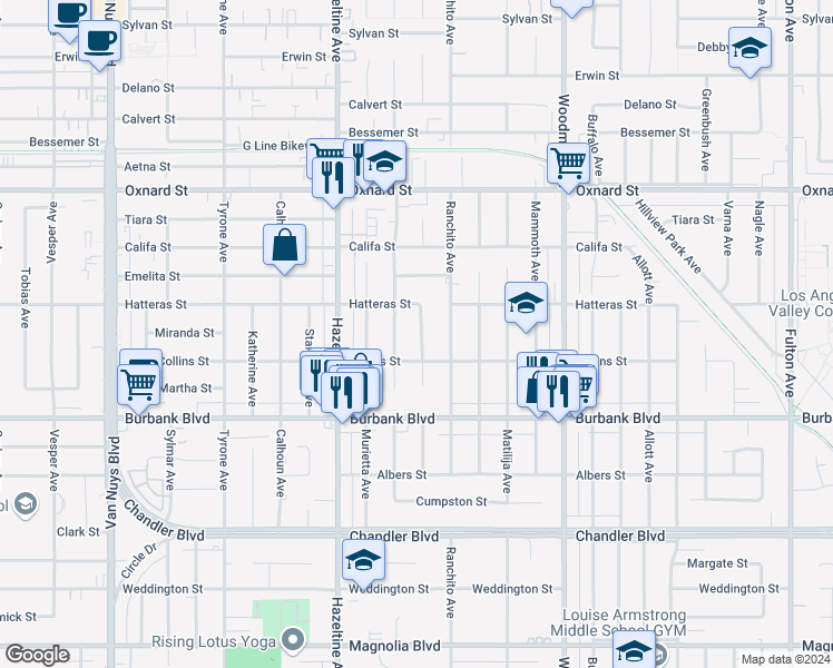 map of restaurants, bars, coffee shops, grocery stores, and more near 5727 Colbath Avenue in Los Angeles