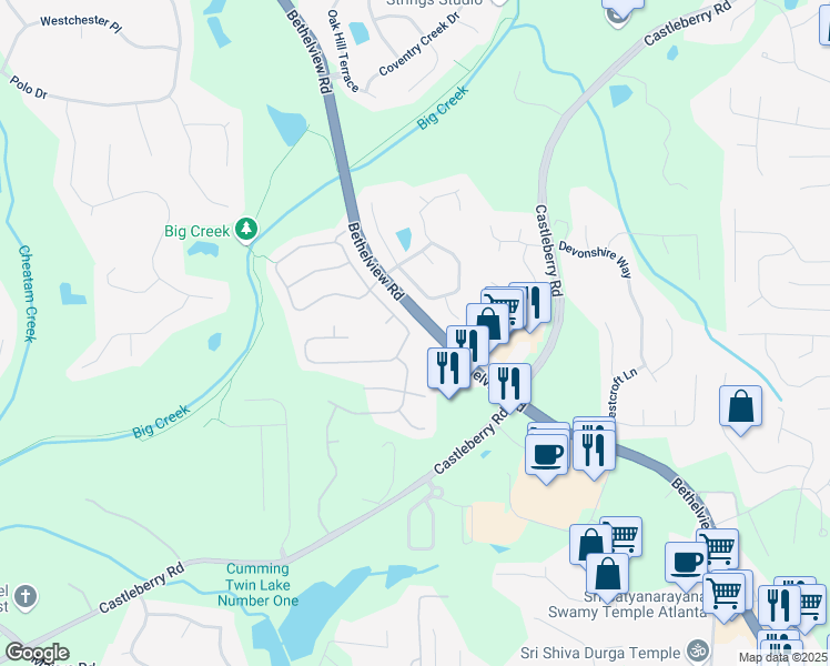 map of restaurants, bars, coffee shops, grocery stores, and more near 5575 Falls Landing Drive in Cumming