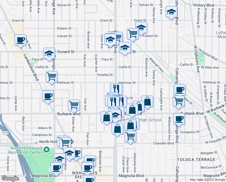map of restaurants, bars, coffee shops, grocery stores, and more near 5729 Vineland Avenue in Los Angeles