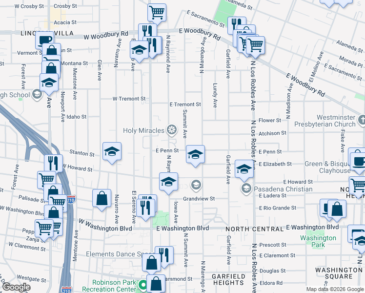 map of restaurants, bars, coffee shops, grocery stores, and more near 1680 Summit Avenue in Pasadena