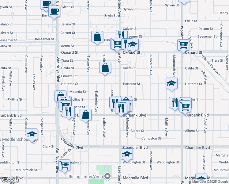 map of restaurants, bars, coffee shops, grocery stores, and more near 5730 Stansbury Avenue in Los Angeles
