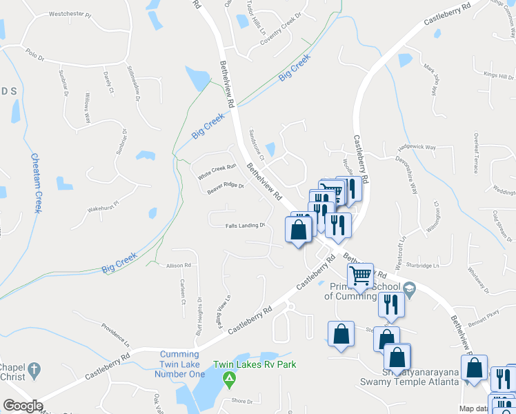 map of restaurants, bars, coffee shops, grocery stores, and more near 5525 Casey Valley Way in Cumming