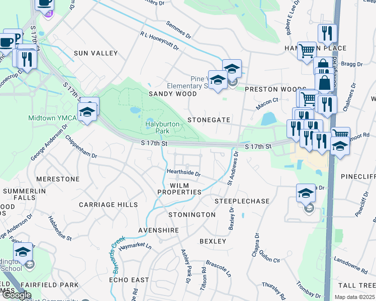map of restaurants, bars, coffee shops, grocery stores, and more near 4133 Hearthside Drive in Wilmington