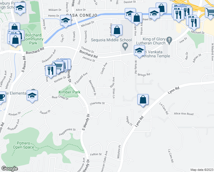 map of restaurants, bars, coffee shops, grocery stores, and more near 187 Silas Avenue in Thousand Oaks