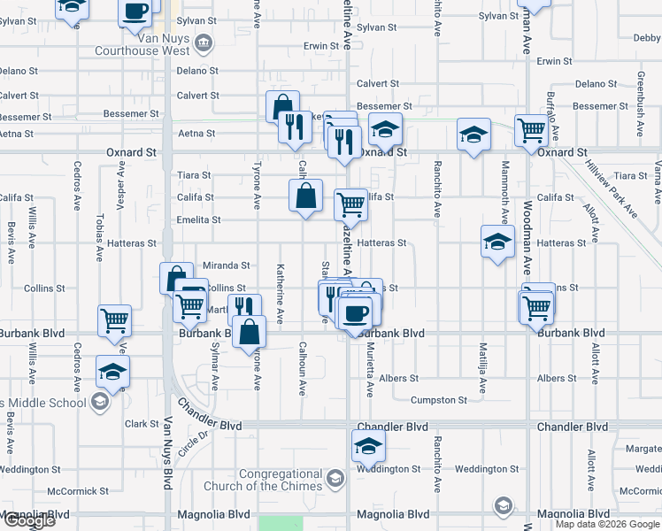 map of restaurants, bars, coffee shops, grocery stores, and more near 5730 Stansbury Avenue in Los Angeles