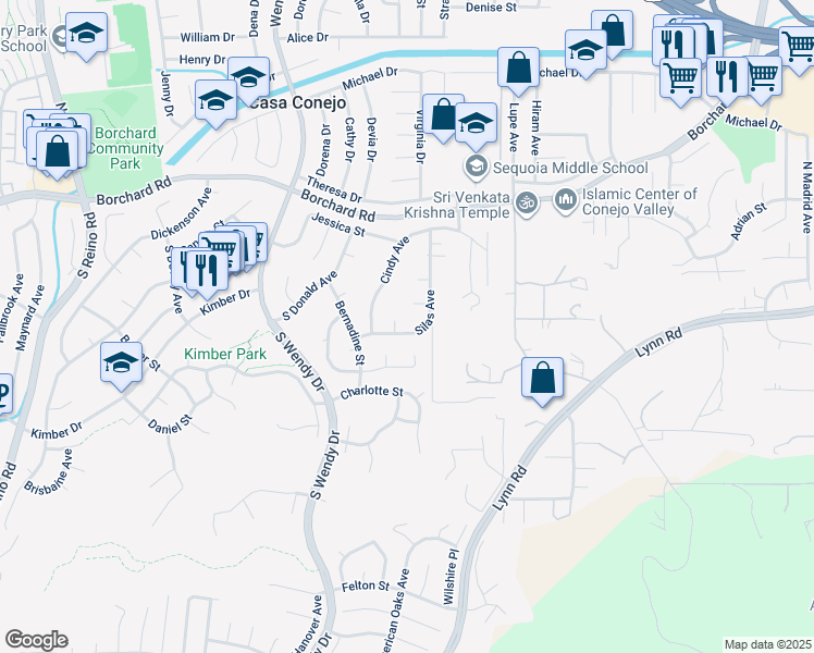 map of restaurants, bars, coffee shops, grocery stores, and more near 187 Silas Avenue in Thousand Oaks