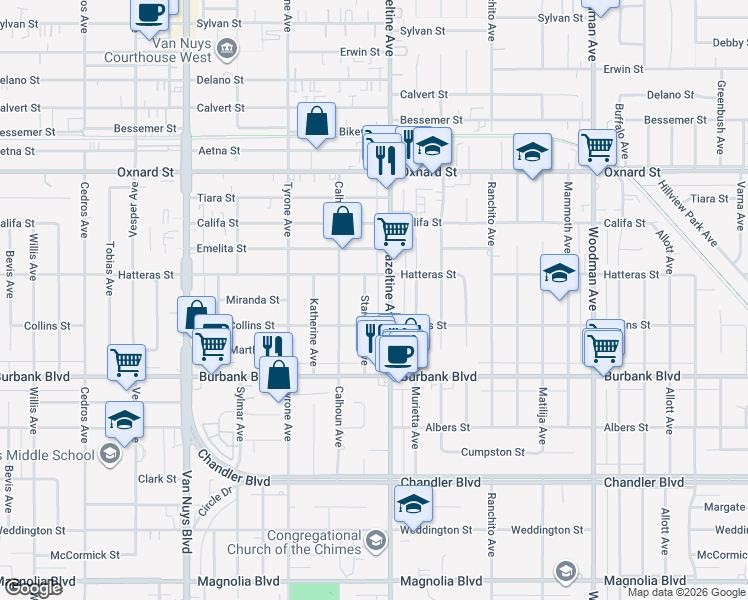 map of restaurants, bars, coffee shops, grocery stores, and more near 5734 Stansbury Avenue in Los Angeles