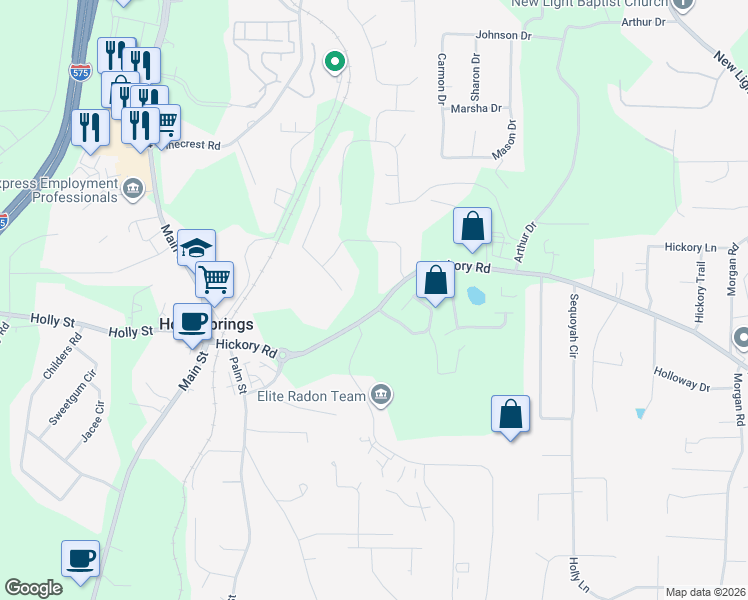 map of restaurants, bars, coffee shops, grocery stores, and more near 102 Redbud Lane in Canton