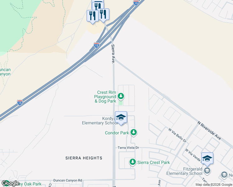 map of restaurants, bars, coffee shops, grocery stores, and more near 4360 Rima Drive in Fontana