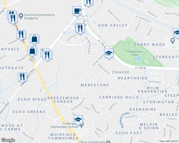 map of restaurants, bars, coffee shops, grocery stores, and more near 3607 Merestone Drive in Wilmington