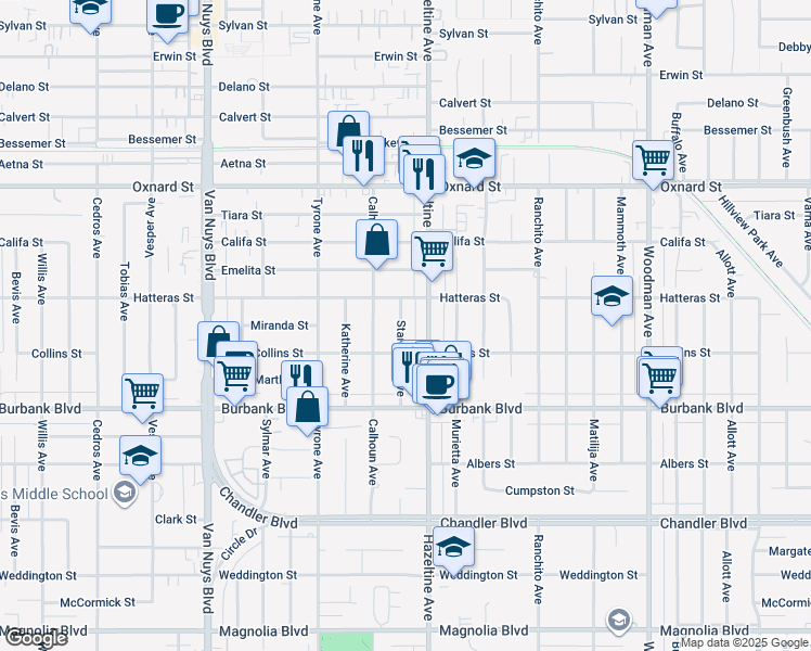 map of restaurants, bars, coffee shops, grocery stores, and more near 5734 Stansbury Avenue in Los Angeles