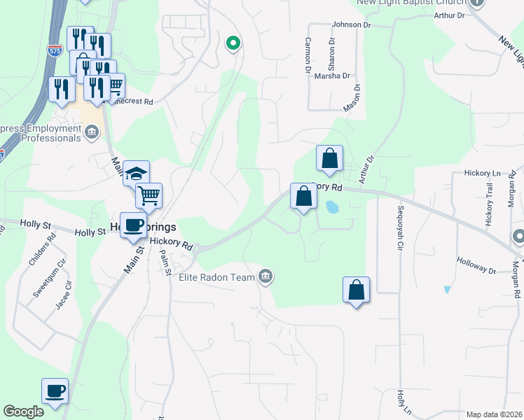 map of restaurants, bars, coffee shops, grocery stores, and more near 102 Redbud Lane in Canton