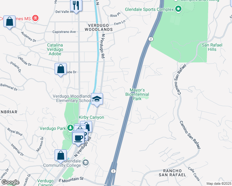 map of restaurants, bars, coffee shops, grocery stores, and more near 1824 Verdugo Knolls Place in Glendale