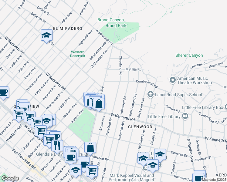map of restaurants, bars, coffee shops, grocery stores, and more near 1617 Cleveland Road in Glendale