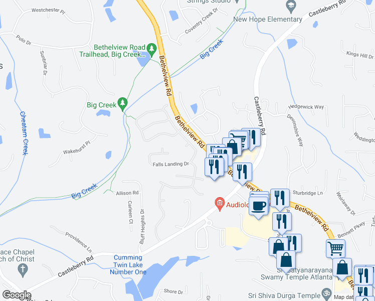 map of restaurants, bars, coffee shops, grocery stores, and more near 5515 Casey Valley Way in Cumming