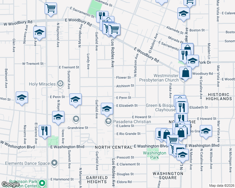 map of restaurants, bars, coffee shops, grocery stores, and more near 466 Wickliffe Drive in Pasadena