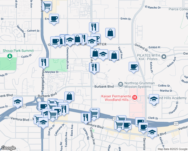 map of restaurants, bars, coffee shops, grocery stores, and more near 5780 Canoga Avenue in Los Angeles