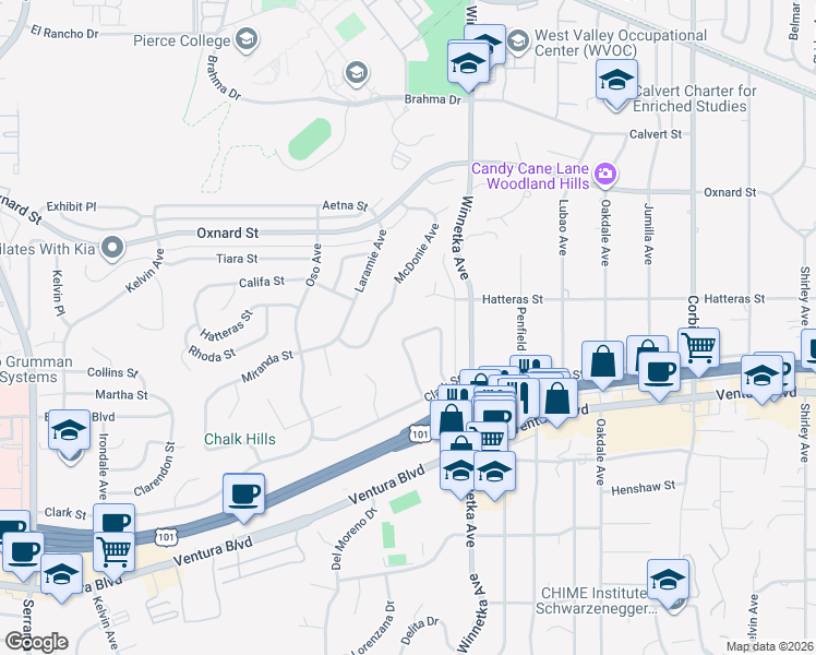 map of restaurants, bars, coffee shops, grocery stores, and more near 5720 Comanche Avenue in Los Angeles