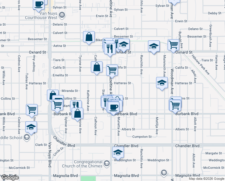 map of restaurants, bars, coffee shops, grocery stores, and more near 5716 Hazeltine Avenue in Los Angeles