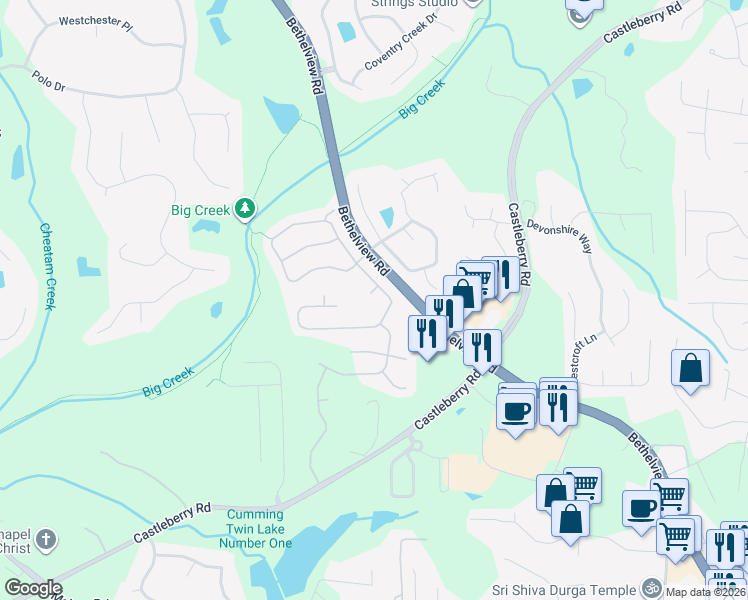 map of restaurants, bars, coffee shops, grocery stores, and more near 5515 Casey Valley Way in Cumming