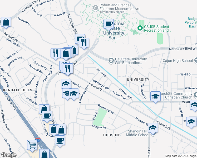 map of restaurants, bars, coffee shops, grocery stores, and more near 5104 Sagebrush Terrace in San Bernardino