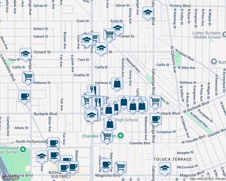 map of restaurants, bars, coffee shops, grocery stores, and more near 5716 Cleon Avenue in Los Angeles