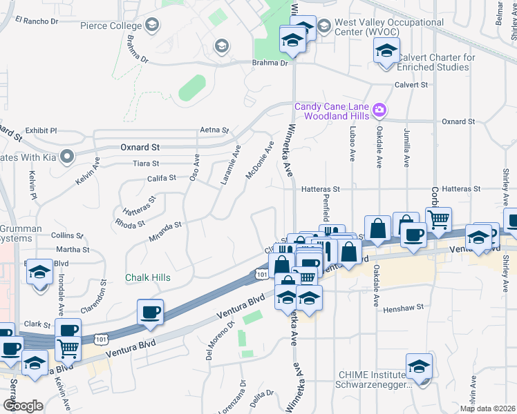 map of restaurants, bars, coffee shops, grocery stores, and more near 5666 Rawlings Avenue in Los Angeles
