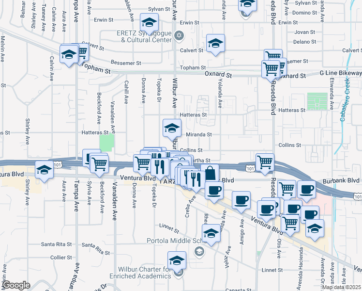 map of restaurants, bars, coffee shops, grocery stores, and more near 5710 Wilbur Avenue in Los Angeles