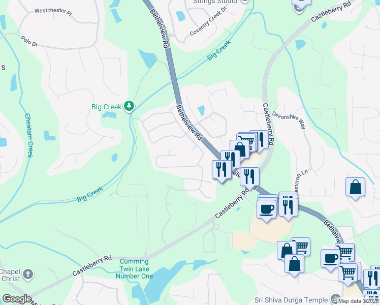 map of restaurants, bars, coffee shops, grocery stores, and more near 5535 Casey Valley Way in Cumming