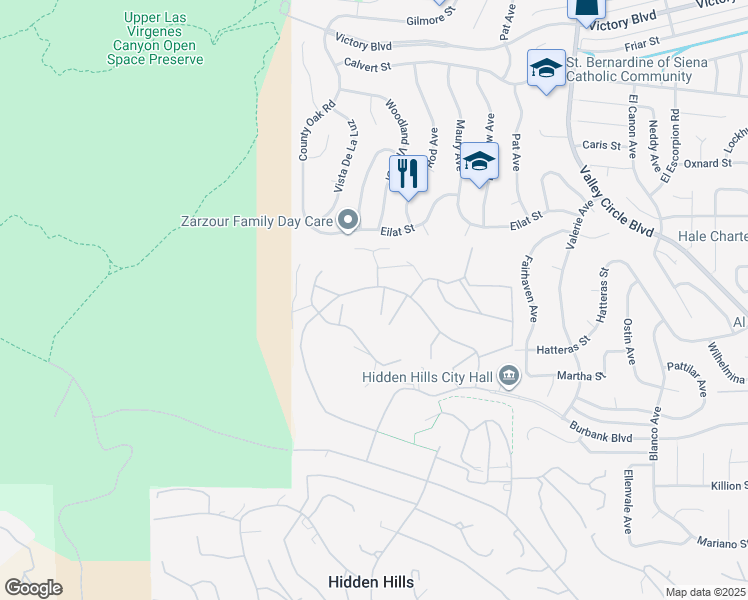 map of restaurants, bars, coffee shops, grocery stores, and more near 5947 Annie Oakley Road in Hidden Hills