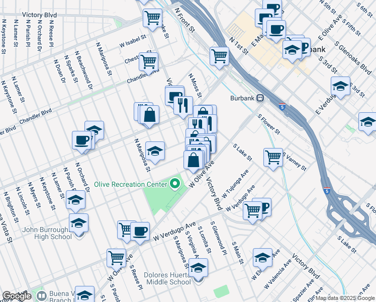 map of restaurants, bars, coffee shops, grocery stores, and more near 917 West Orange Grove Avenue in Burbank