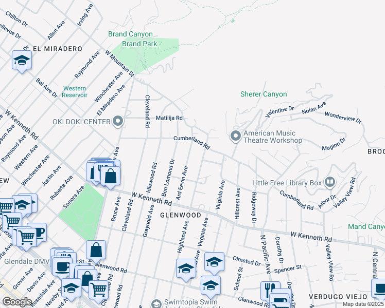map of restaurants, bars, coffee shops, grocery stores, and more near 1650 Ard Eevin Avenue in Glendale