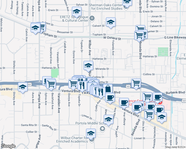 map of restaurants, bars, coffee shops, grocery stores, and more near 5710 Wilbur Avenue in Los Angeles