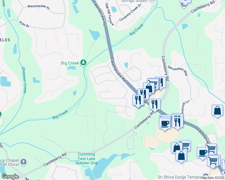 map of restaurants, bars, coffee shops, grocery stores, and more near 6155 Falls Landing Drive in Cumming