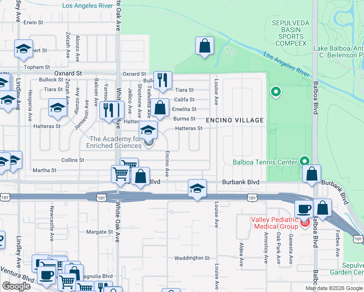map of restaurants, bars, coffee shops, grocery stores, and more near 5724 Bianca Avenue in Los Angeles